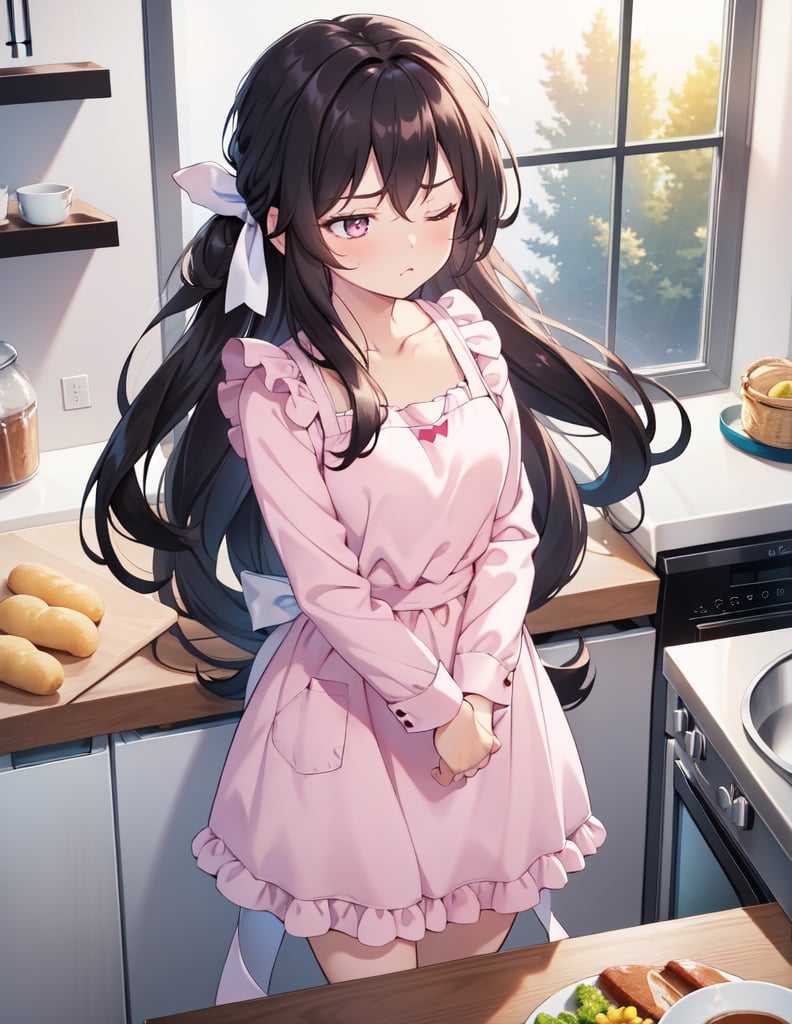 (masterpiece, top quality), high definition, artistic composition, 1 female, dark hair, long hair, pretty face, pouty, young, apron, kitchen, hair tied back, pastel colors, striking light, wife, cartoon, loungewear, Arms crossed, looking away, eyes closed, looking up, from above