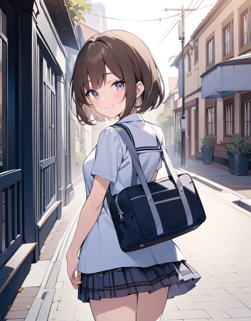 (masterpiece, top quality), high definition, artistic composition, 1 girl, cutter shirt, ribbon, bob cut, brown hair, uniform, school uniform, summer dress, checked skirt, smiling, standing tall, cowboy shot, portrait, souvenir shot, girlish pose, from behind, hands behind back, Looking back, Schoolbag, Summer.