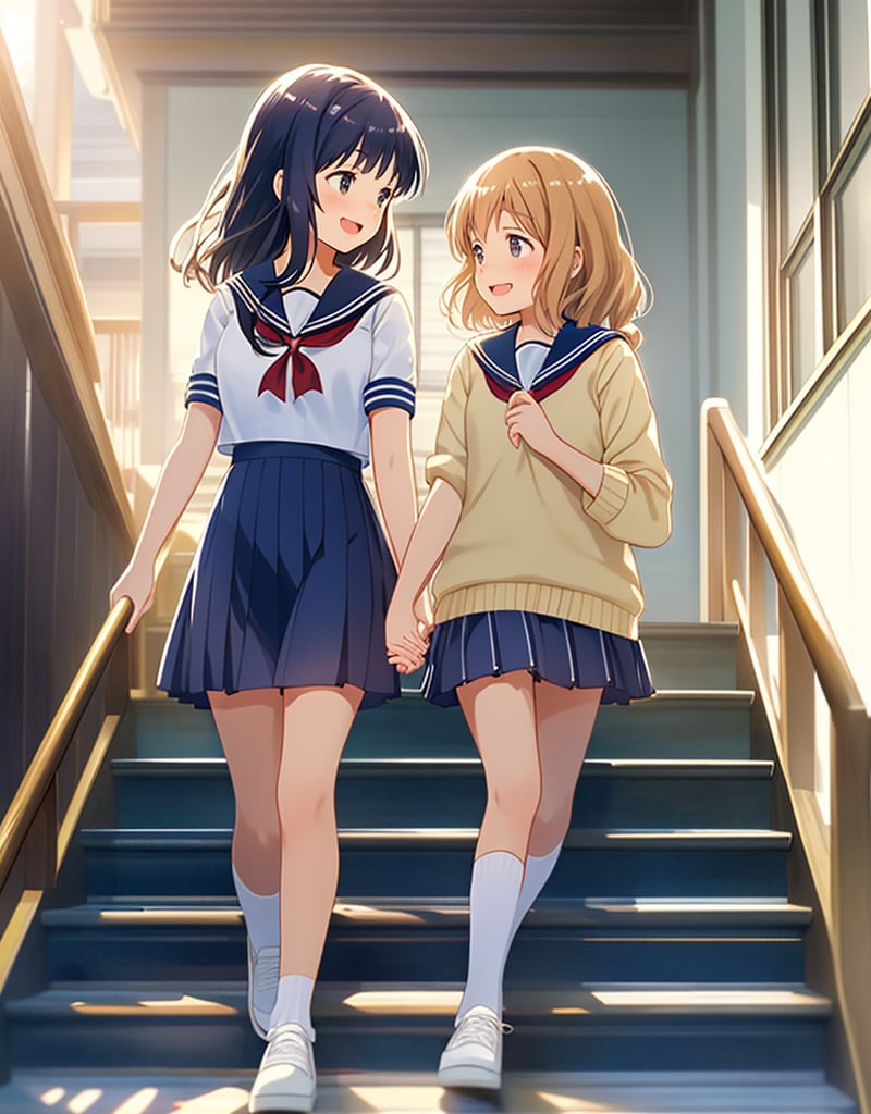 Masterpiece, Top Quality, High Definition, Artistic Composition, 2 Girls, High School Students, Sailor Uniform, School Uniform, Summer Uniform, Japanese School, In School Building, Conversing On Stairs, Smiling, Excited, Looking At Each Other, Composition From Below, Portrait, Feminine Gesture, Not In Line, Sitting, Standing