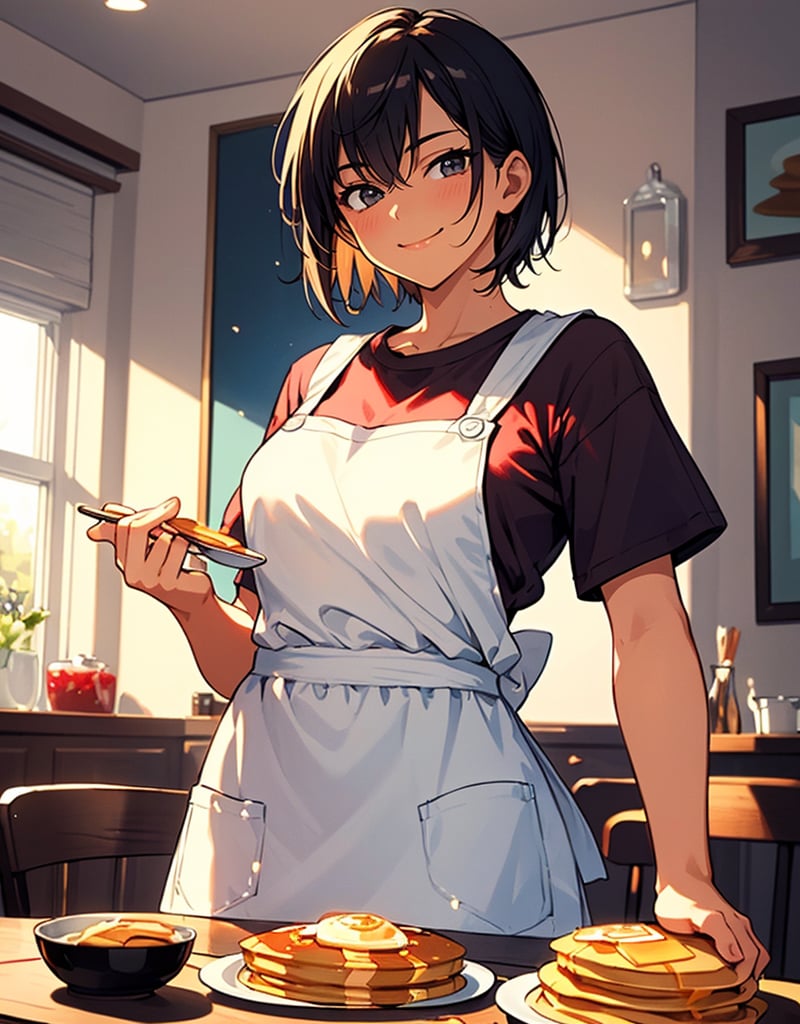 (masterpiece, top quality), high definition, artistic composition, 1 woman, holding out plate with pancakes on it with right hand, close-up of pancakes, smug face, short hair, boyish, tanned skin, dining room, cute apron, t-shirt, portrait, bold composition, from below, homey