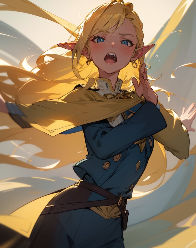 (masterpiece, top quality), high definition, artistic composition, 1 girl, elf, navy blue jacket, cream yellow shirt, gold earrings, blonde hair, long hair, big blue ribbon, disgusted face, scared, mouth open, face turned away, looking sideways, waving hands, fantasy, cartoon, from front, sweat