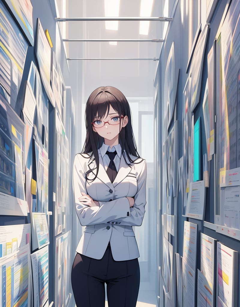 (masterpiece, top quality), high definition, artistic composition, 1 woman, female analyst, business suit, wearing glasses, tilted head, hand on chin, troubled, graph of economic indicators in background, pastel tones, standing, frontal, gaze upward