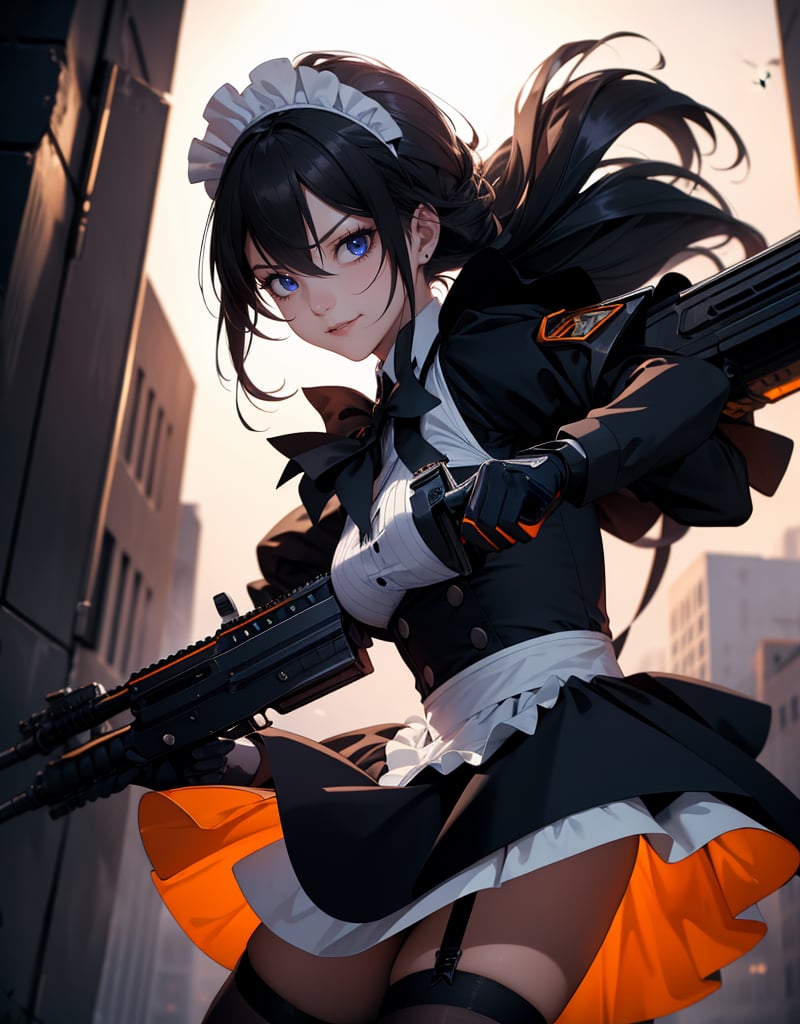 (masterpiece, top quality), high definition, artistic composition, 1 girl, maid cosplay, Halloween, night, city, smirking, heavy weapon, aiming with gun, firing, action pose, looking away, dynamic, powerful, In combat, Dutch angle, High contrast, Suspense