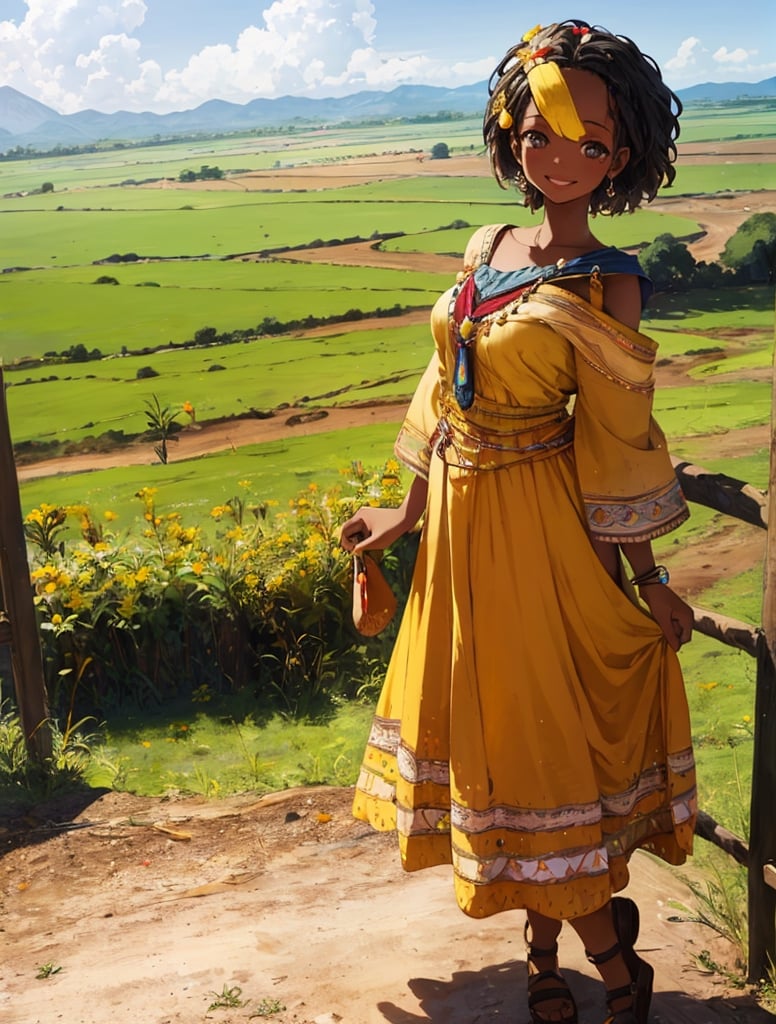 masterpiece, top quality,khange, tanzanian girl, one girl, smiling, cheerful, tanzanian rural landscape, tanzanian national dress, high definition