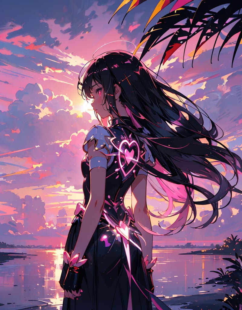 (masterpiece, top quality), high definition, artistic composition, 1 girl, 15 years old, (pink magical girl), from behind, palms together in front of chest, looking away, from behind, back visible, sunset, backlit, dirty, tired, suspicious sky color, dramatic, high contrast, wilderness, animation