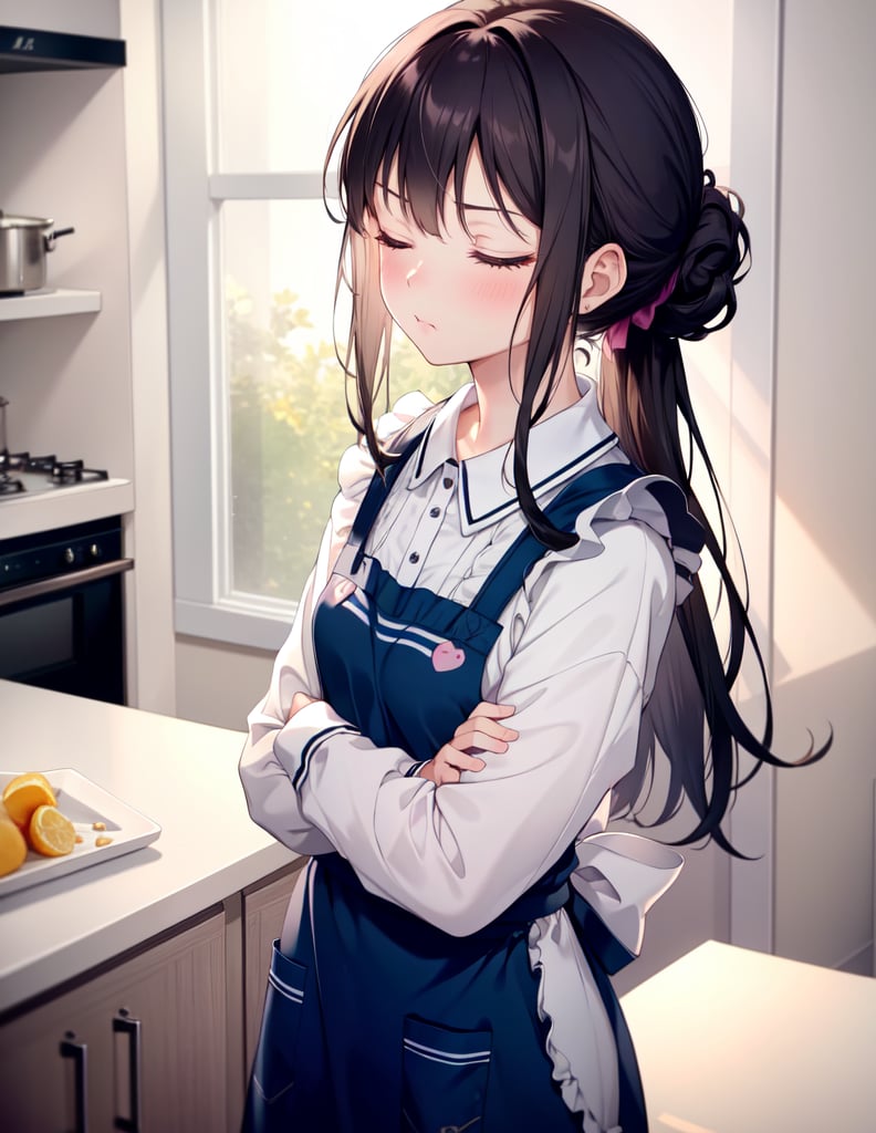 (masterpiece, top quality), high definition, artistic composition, 1 female, dark hair, long hair, pretty face, pouty, young, apron, kitchen, hair tied back, pastel colors, striking light, wife, cartoon, loungewear, Arms crossed, looking away, eyes closed, looking up