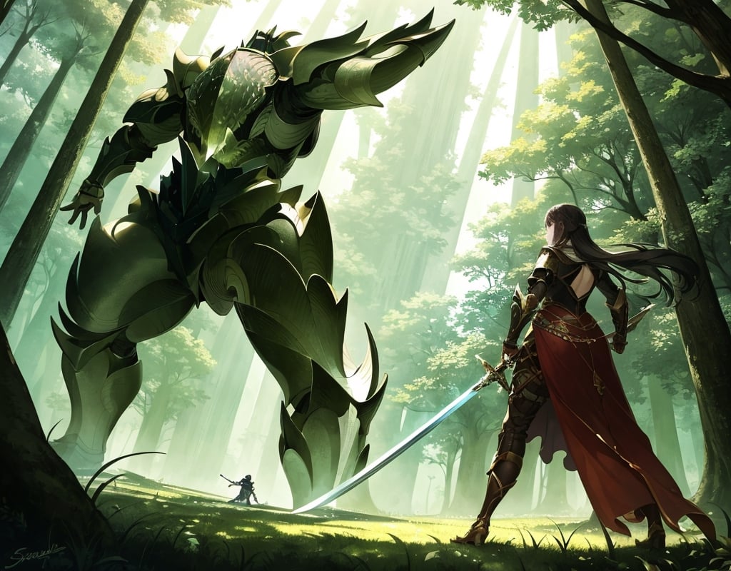 Masterpiece, top quality, high definition, artistic composition, 1 girl, fantasy, back view, female swordsman, holding sword, action pose, fighting giant humanoid monster, in forest, light shining through, wide shot,best quality