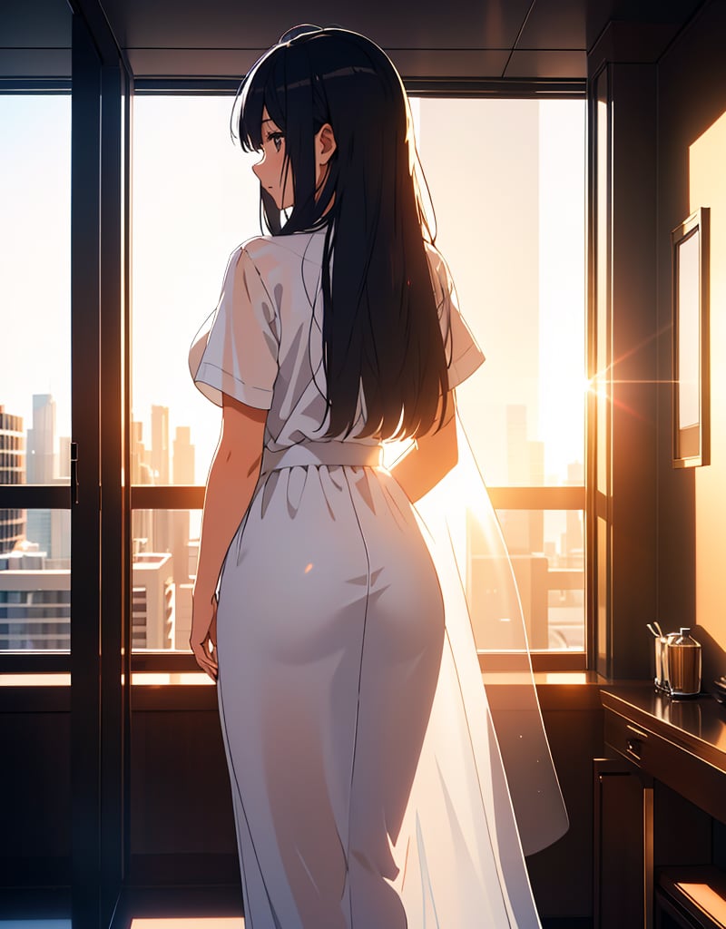 (masterpiece, top quality), high definition, artistic composition, 1 woman, standing in front of window, from behind, large white shirt, hair scraped up, shining, transparent, long black hair, morning, morning sun, striking light, backlit, hotel high-rise room, beautiful