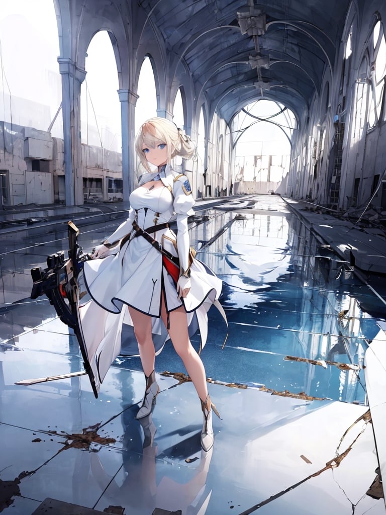 masterpiece, top quality, 1 girl, white battle dress, blonde hair, blue eyes, holding a weapon, inside a huge devastated factory , nothing on the floor, water on the floor, high definition, photo-like background, science fiction,best quality