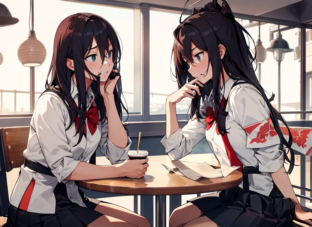 Masterpiece, top quality, high definition, artistic composition, 2 girls, sitting in a family restaurant, talking, looking away, one angry, one laughing, portrait, students, Japan, one looking at phone, school uniform