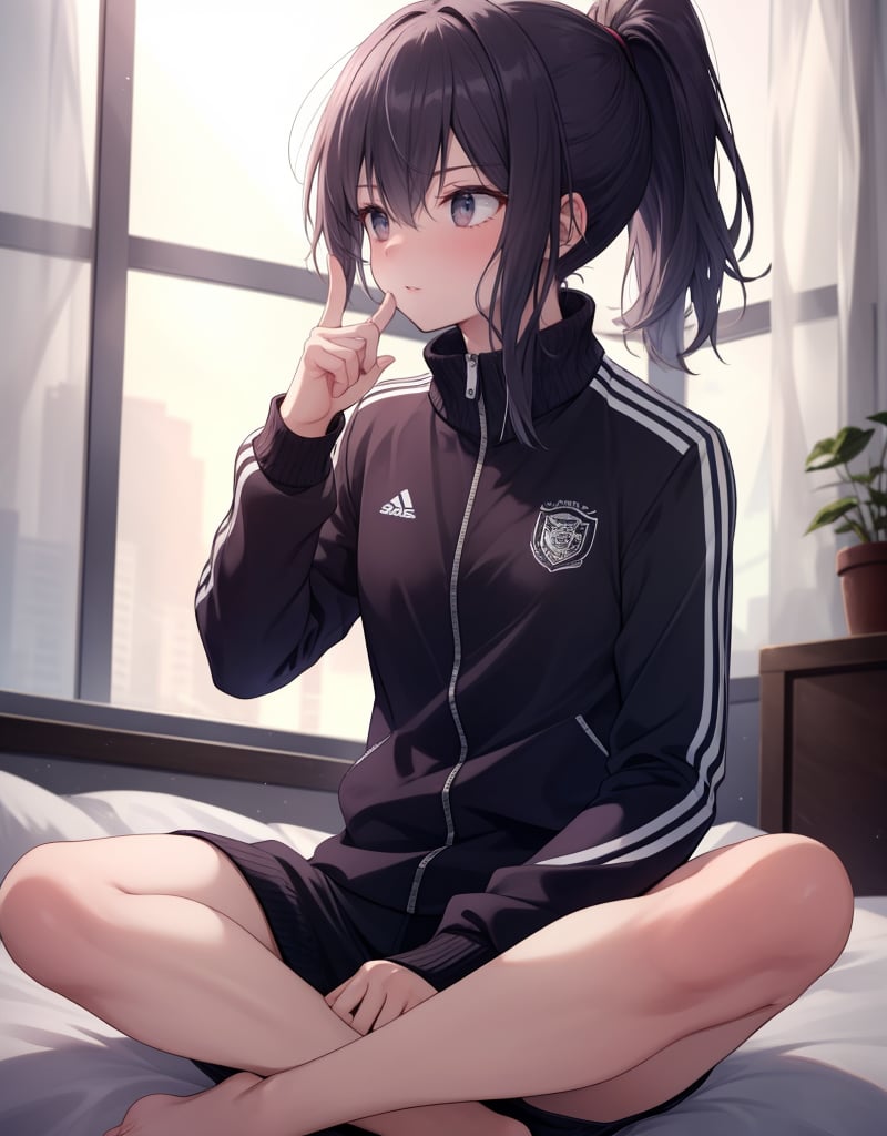 (masterpiece, top quality), high definition, artistic composition, one girl, sitting on bed, indian style, eyes up, index finger up, thinking, troubled, tracksuit, high ponytail, striking light, looking away