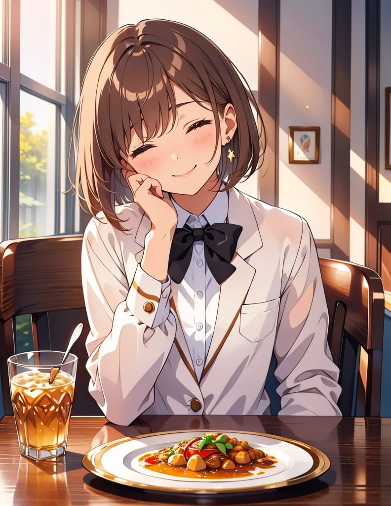 Masterpiece, Top Quality, High Definition, Artistic Composition,1 girl, brown hair, smiling with eyes closed, rapt, blushing, wavy hair in bob cut, white blazer, school uniform, black ribbon across chest, eating curry rice on a flat plate at table, holding spoon, hand on cheek, girlish gesture, dining table, dining room, portrait, homey, condensation on glass of water