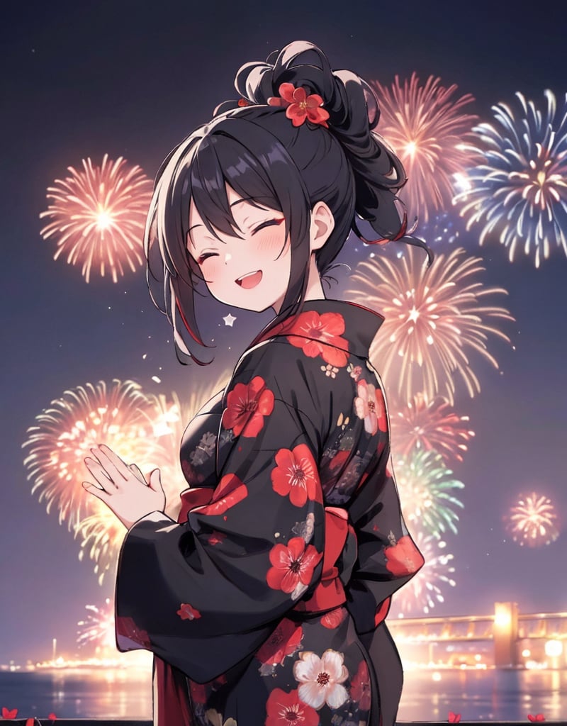 (masterpiece, top quality), high definition, artistic composition, 1 woman, black with red flowers yukata, hair tied up, black hair, right hand straight up, waving, eyes closed, laughing, left hand over mouth, loud voice, crowd behind, beautiful large fireworks in background night, summer, dramatic,