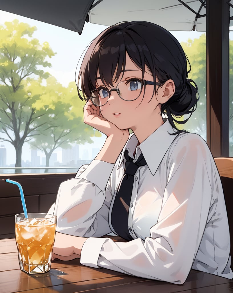 (masterpiece, top quality), high definition, artistic composition, 1 woman, cutter shirt, loose collar, hair tied back, cool glasses, open cafe, drinking water from an ice glass, taking a break, shady tree, urban landscape, summer, portrait, sweating, on table Handkerchief on table, taking a break at work, looking away