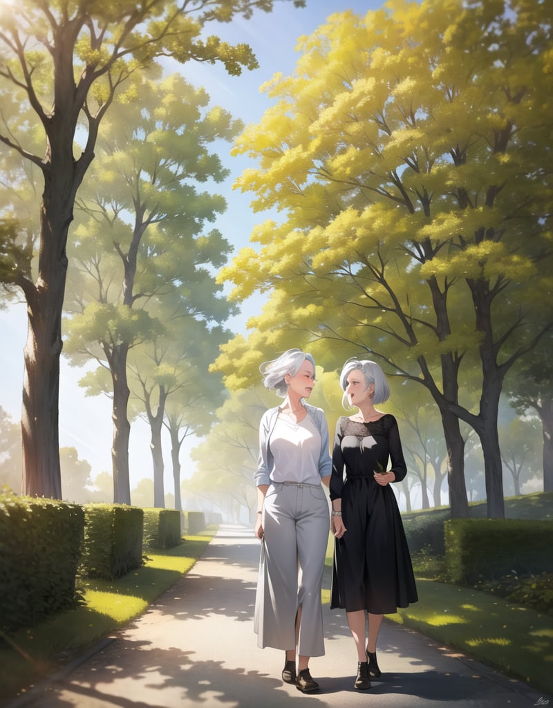 Masterpiece, Top Quality, High Definition, Artistic Composition, 2 women, 60 year old woman, silver hair, 18 year old woman, smiling, walking side by side, tree-lined street, looking happy, sunlight through trees, portrait
,girl