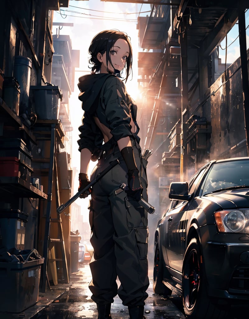 (masterpiece, top quality), high definition, artistic composition, 1 woman, dirty work clothes, gloves, holding wrench, working on car, mechanic, smiling, hood of car open, back, looking back at me, wiping forehead with back of hand, auto body shop