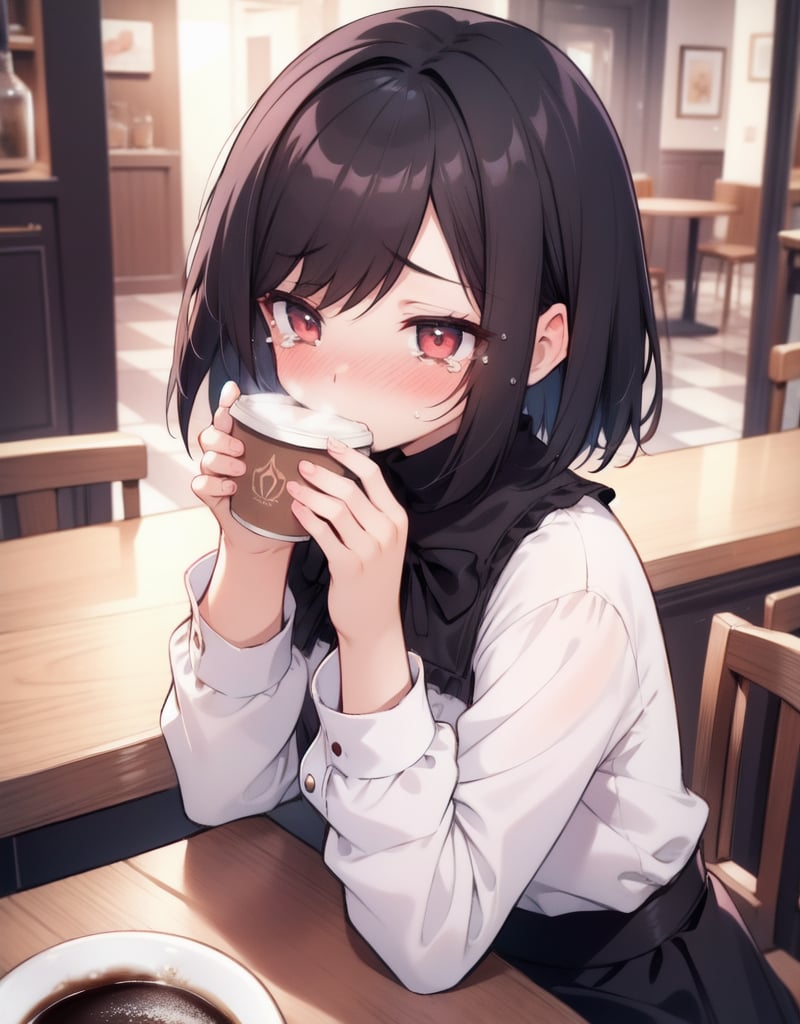 (masterpiece, top quality), high definition, artistic composition, 1 girl, black hair, pouting, tears, blushing, looking away, looking down, hands on table, holding coffee cup, top Top view, Dutch angle, Bob cut