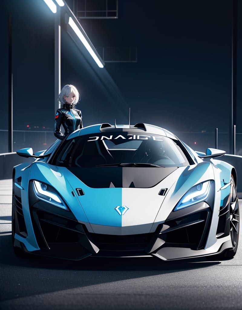 Masterpiece, Top Quality, High Definition, Artistic Composition, One Woman, Futuristic Dress, Stylish, Futuristic Sports Car, Concept Car, Sitting On Hood, Front Composition, Backlight, Impressive Light, Science Fiction, Electric Car, Dark Background, Motorsports