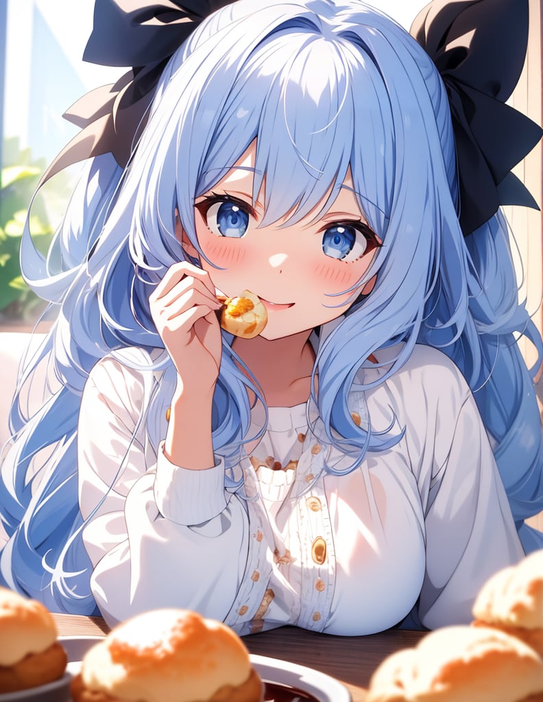 Masterpiece, Top quality, High definition, Artistic composition, One girl, eating cream puffs, cream around mouth, smiling, close-up of face, light blue clothing,chibi