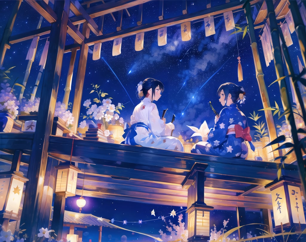 Masterpiece, Top quality, High definition, Artistic composition, 2 girls, yukata with floral pattern, sitting, looking away, talking, from below, starry sky, shooting star, Tanabata, night, bamboo branches, strips of paper, Japan, wide shot