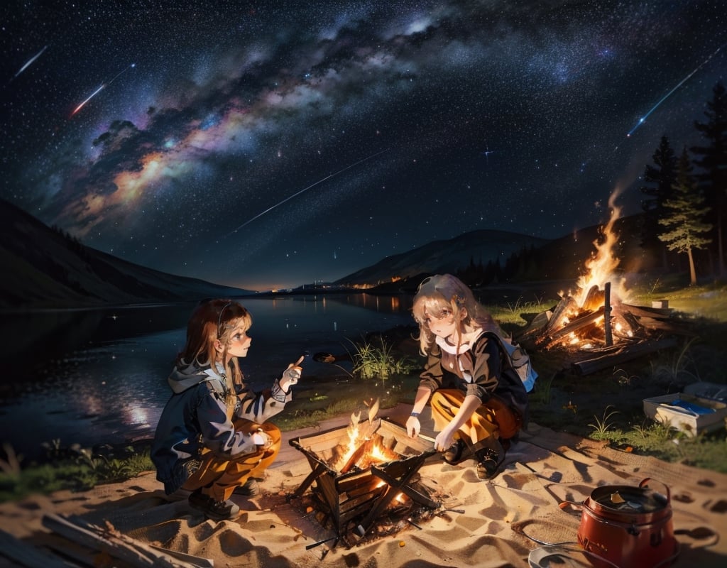 Masterpiece, top quality, high definition, artistic composition, realistic, (small bonfire), girls around bonfire, fun, starry sky, magnificent nature, camping