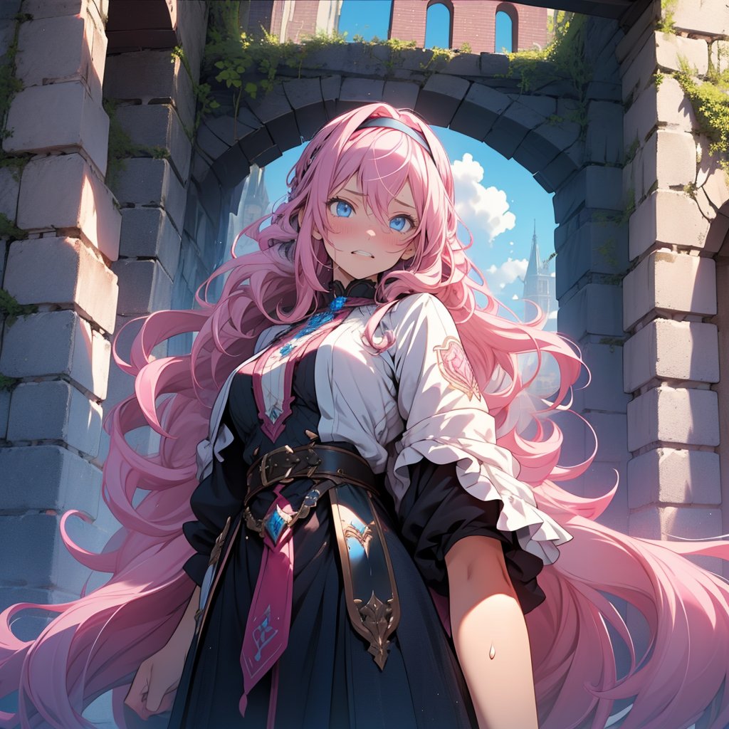 (masterpiece, top quality), high definition, artistic composition, 1 girl, pink wavy hair, hair band, armor, blue eyes, disgusted face, gritted teeth, sweating, close-up of face, from below, fantasy, brick building, looking down