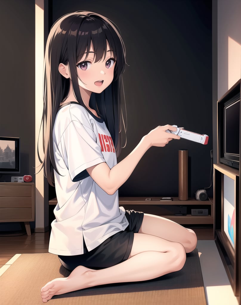 Masterpiece, Top Quality, High Definition, Artistic Composition,1 girl, Japanese living room, indian style, sitting, playing video game, NES, small CRT TV, dark room, portrait, gamepad in hand, open mouth smiling, 1990 Japan, from side , T-shirt, shorts, holding out gamepad