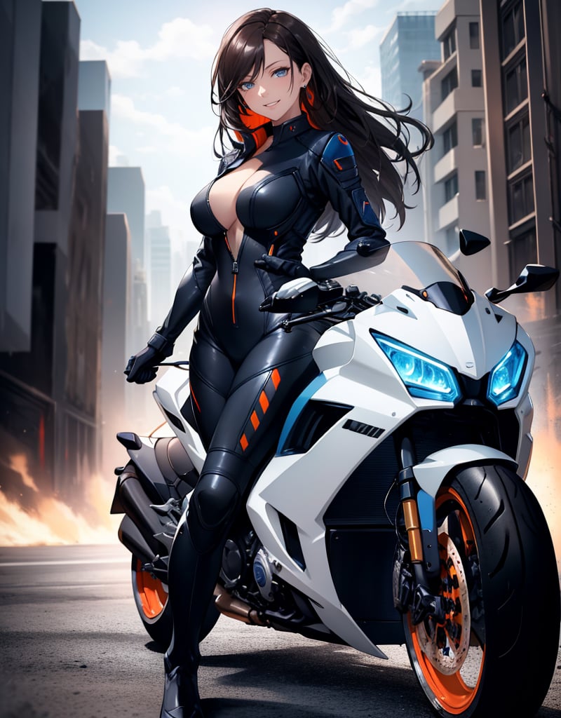 (masterpiece, top quality), high definition, artistic composition, 1 woman, dark hair, smiling, driving a large motorcycle, blue rider suit, black and orange motorcycle, futuristic, front view, dynamic, fast moving feeling, dilapidated city, crumbling buildings, bold composition, Dutch angle, science fiction, motion blur, perspective