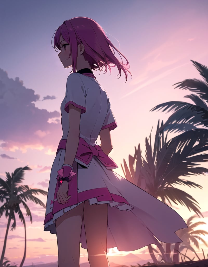 (masterpiece, top quality), high definition, artistic composition, 1 girl, 15 years old, (pink magical girl), from behind, palms together in front of chest, looking away, from behind, back visible, sunset, backlit, dirty, tired, suspicious sky color, dramatic, high contrast, wilderness, animation