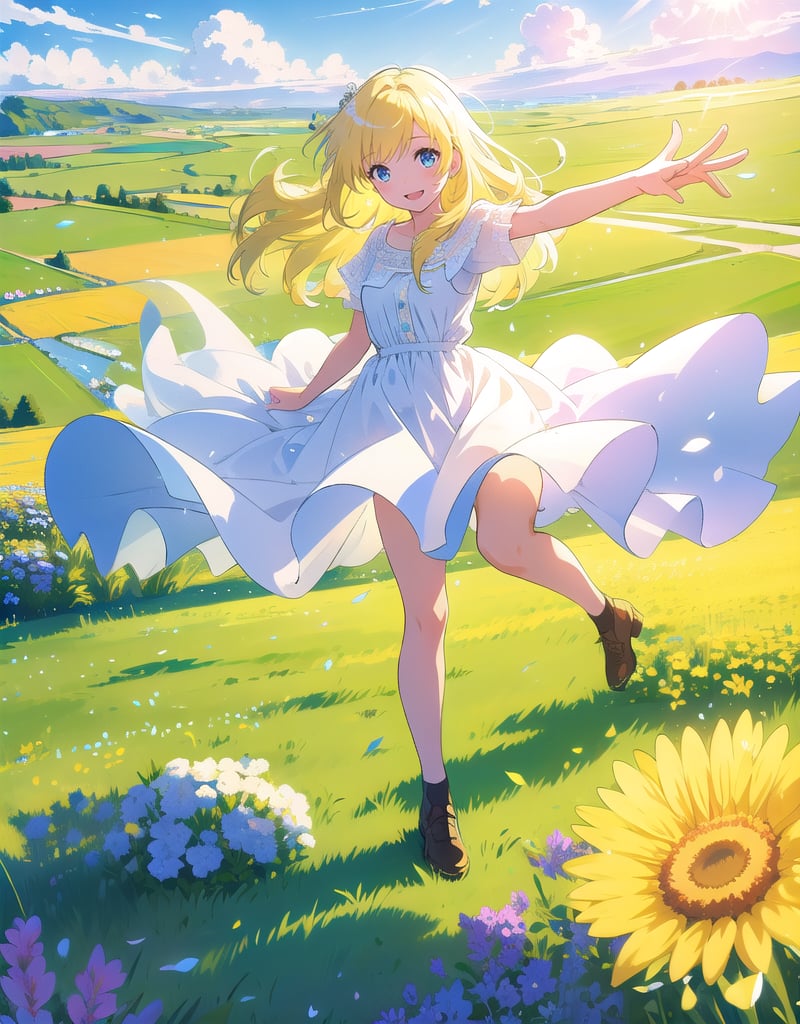 (masterpiece, top quality), high definition, artistic composition, 1 girl, flying pose, cheerful, meadow, composition from above, smiling, blonde hair, sparkling, white dress, healthy, impressive light, wind blowing