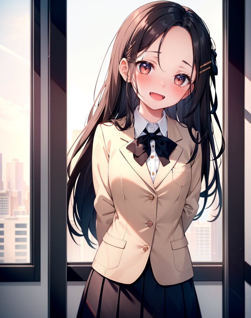 (masterpiece, top quality), high definition, artistic composition, 1 girl, high school student, beige blazer, black ribbon, red and black checked skirt, standing in front of window with hands behind her back, classroom, laughing, troubled, blushing, broad forehead, hairpin, something hidden behind body, portrait