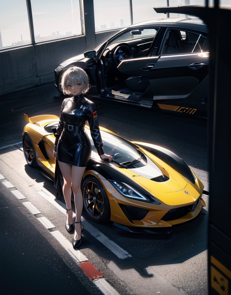 Masterpiece, Top Quality, High Definition, Artistic Composition, One Woman, Futuristic Dress, Stylish, Futuristic Sports Car, Concept Car, Standing In Front Of Car, Front Composition, Backlight, Impressive Light, Science Fiction, Electric Car, Dark Background, Motorsports