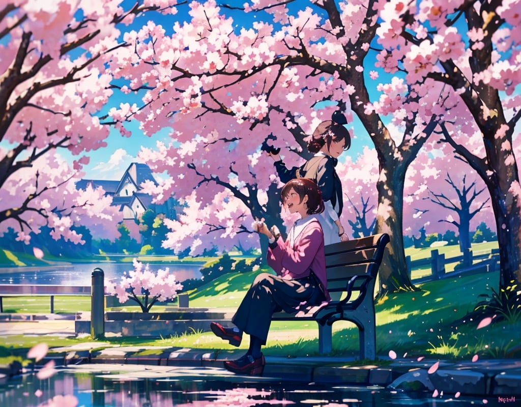  Masterpiece, top quality, high quality, artistic composition, two women, sitting on bench, standing, one laughing, one angry, having conversation, spring coordination, cherry blossom trees, cherry blossoms in full bloom, petals dancing, wide shot, looking away, bold composition,girl,<lora:659111690174031528:1.0>