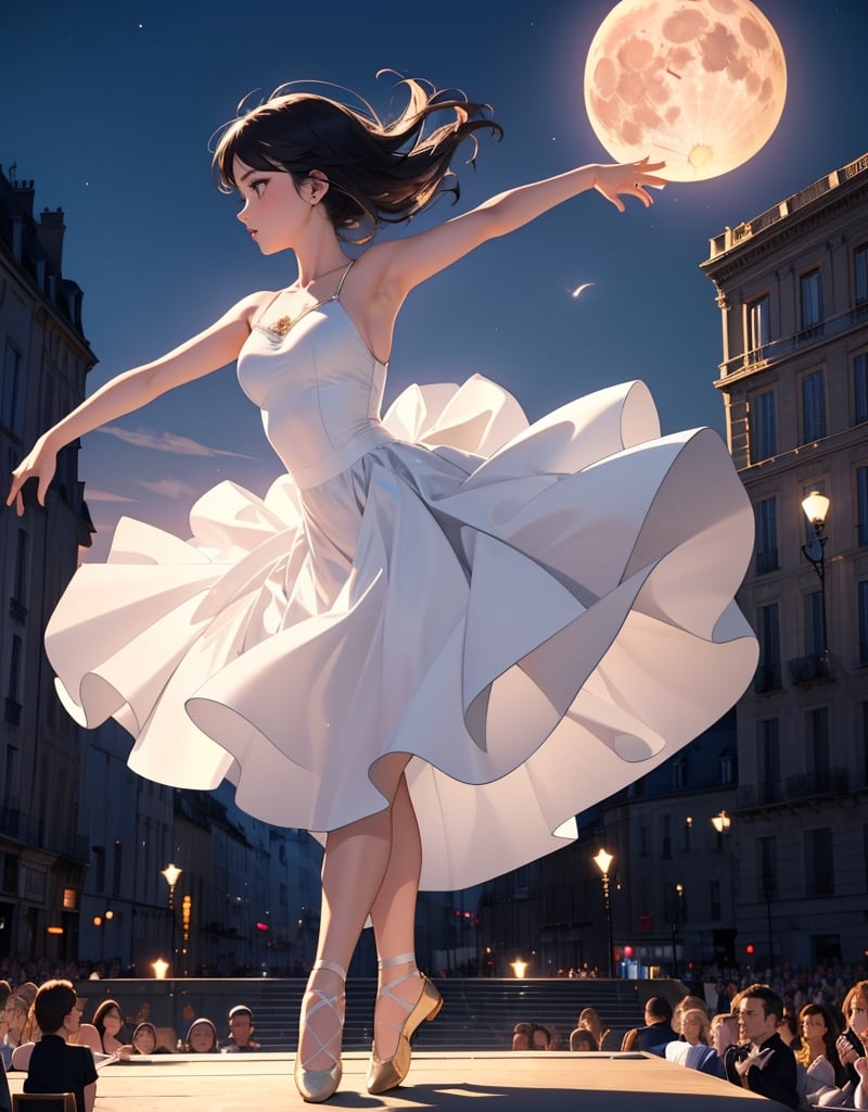 masterpiece, top quality, high definition, artistic composition, animation, France, one woman, dancing ballet, outdoor stage, big moon, spotlight, action pose, dynamic composition, striking light