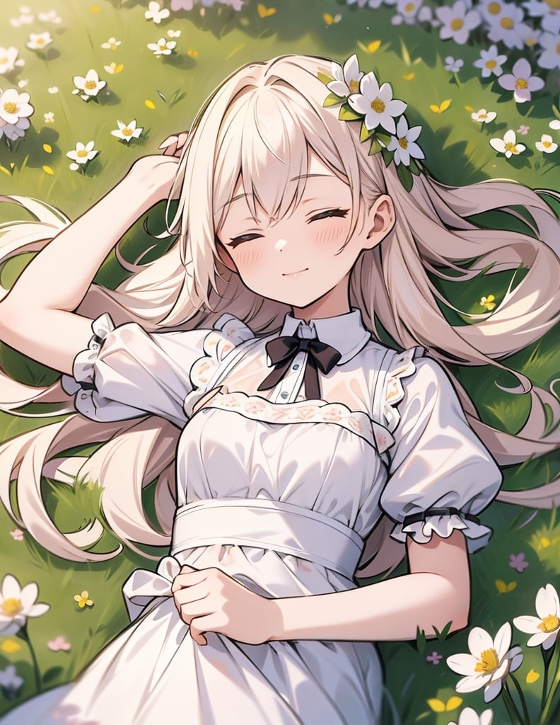 Masterpiece, Top quality, High definition, Artistic composition, 1 girl, lying in clover field, from above, eyes closed, smiling, hands behind head, Dutch angle, upper body, clover flowers, warm, pleasant, resting
