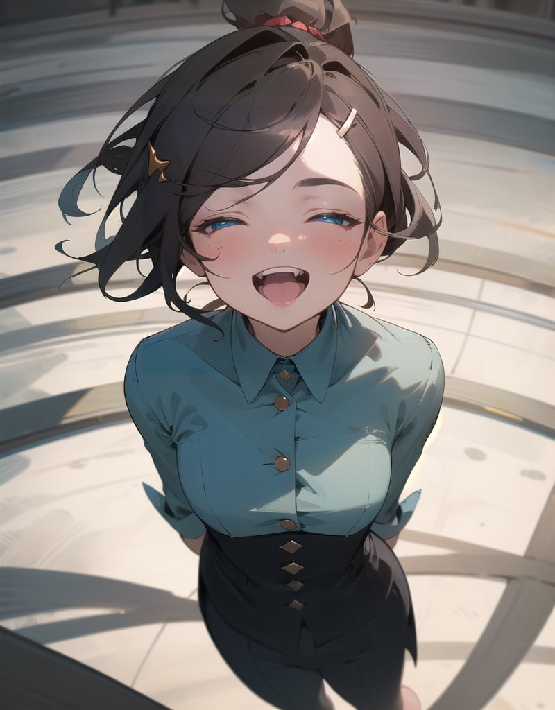 (Masterpiece, Top Quality), High Definition, Artistic Composition, 1 girl, hands behind back, bending forward, looking up, composition from above, squinting, open mouth smile, twisting body, looking at me, focus on face, blue shirt, big hairpin, little girl, road, portrait, Dutch angle, devilish smile