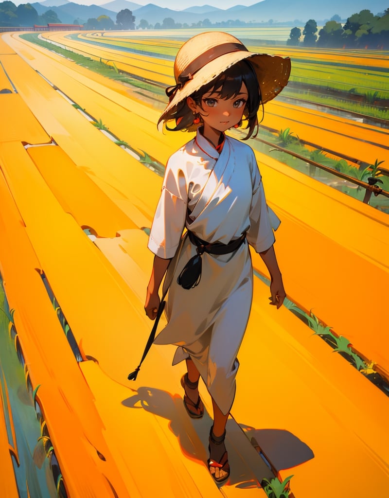 Masterpiece, top quality, high definition, artistic composition, 1 girl, cotton clothing, Southeast Asia, ethnic fashion in spicy colors, tanned skin, smiling, walking, footpath, rice field, looking away, rural landscape, portrait, cow, bold composition,girl