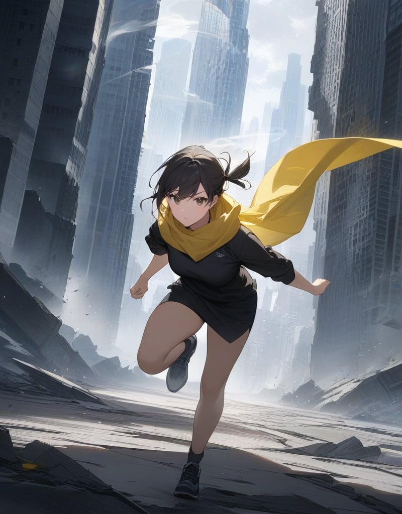 (masterpiece, top quality), high definition, artistic composition, 1 girl, leaning forward, running, action pose, long yellow scarf blowing in the wind, hair tied on head, skyscraper city, ruins, broken road, cloudy, dark, dramatic, smoking