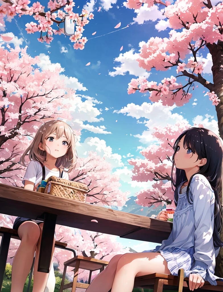 Masterpiece, top quality, high definition, artistic composition, two girls, big cherry blossom tree, cherry blossoms in full bloom, blue sky, striking clouds, sitting on ground, sitting sideways, lunch box, having a conversation, looking up at sky, from below, wide sky, wide shot, casual wear