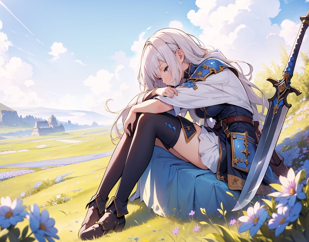 masterpiece, top quality, high definition, artistic composition, 1 girl, fantasy, warrior, (tired), resting, looking up to the heavens, hugging own legs, leaning on a large package, large sword resting, large shield resting, meadow, blue sky, ruins, from the side
