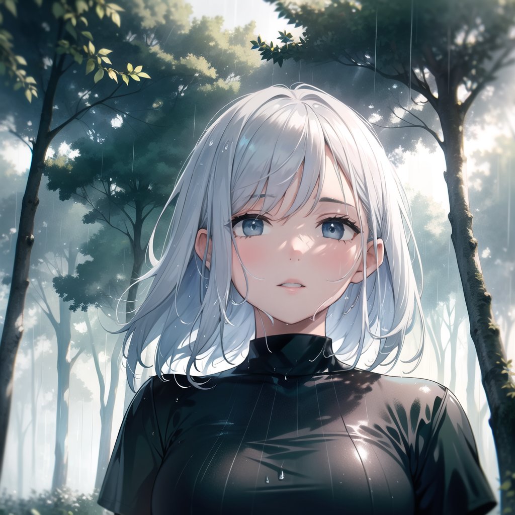 Masterpiece, Top Quality, High Definition, Artistic Composition,1 woman, sad face, bust shot, wet, raining, silver hair, blue eyes, wet t-shirt, backlit, light shining, beautiful trees green, high contrast