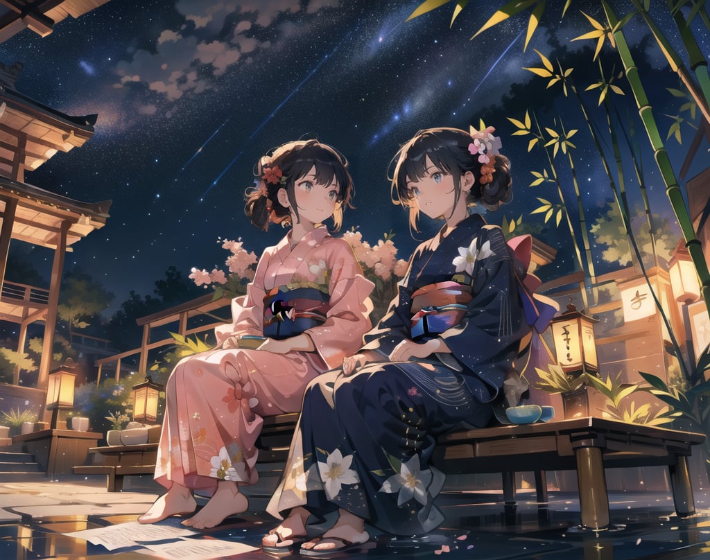 Masterpiece, Top quality, High definition, Artistic composition, 2 girls, yukata with floral pattern, sitting, looking away, talking, from below, starry sky, shooting star, Tanabata, night, bamboo branches, strips of paper, Japan, wide shot