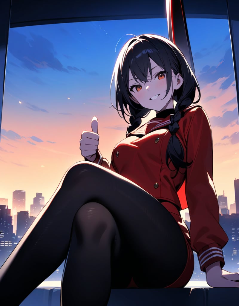 Masterpiece, Top Quality, High Definition, Artistic Composition,1 girl, red sailor suit, sitting cross-legged, from front, battle dress, braids, devilish smile, thumbs up, evening darkness, city lights, black pantyhose, stylish sword, high contrast