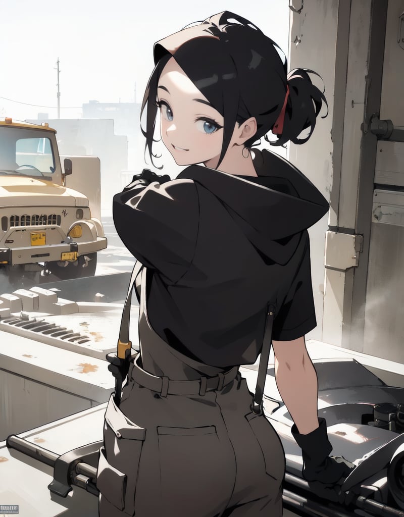 (masterpiece, top quality), high definition, artistic composition, 1 woman, dirty work clothes, gloves, holding wrench, working on car, mechanic, smiling, hood of jeep open, back, looking back at me, wiping forehead with back of hand