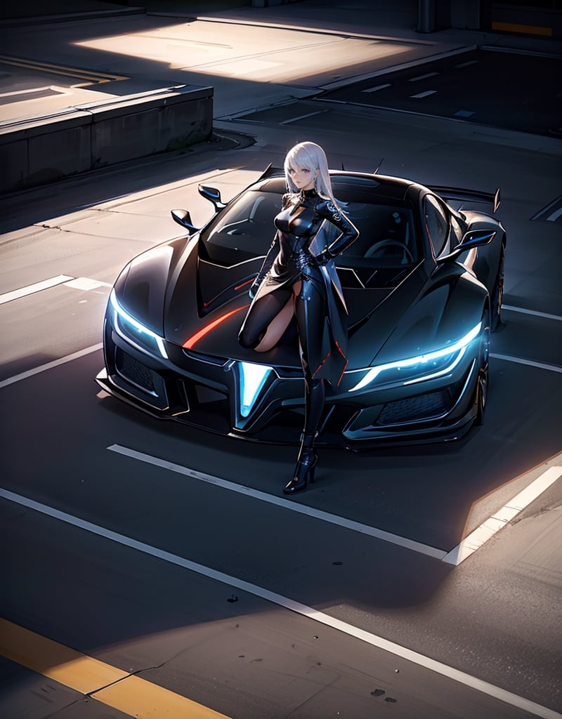 Masterpiece, Top Quality, High Definition, Artistic Composition, One Woman, Futuristic Dress, Stylish, Futuristic Sports Car, Concept Car, Standing In Front Of Car, Front Composition, Backlight, Impressive Light, Science Fiction, Electric Car, Dark Background, Motorsports