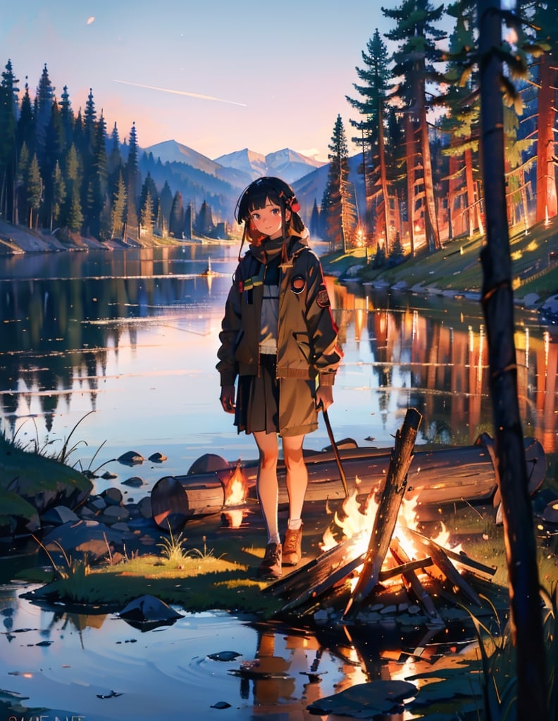 Masterpiece, Top Quality, High Definition, Artistic Composition, Several Girls, Girl Scouts, Camping, Lake, Smiling, Looking Away, Talking, Holding Firewood