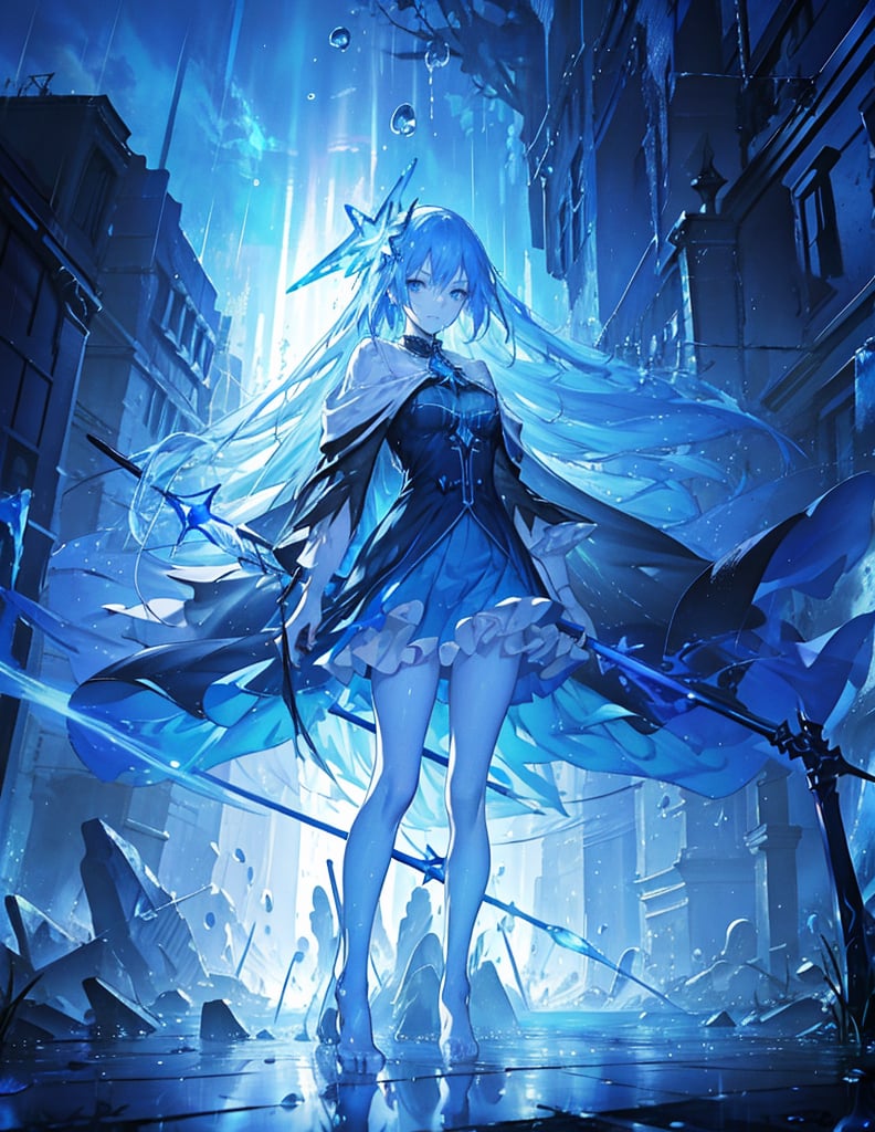 (masterpiece, top quality), high definition, artistic composition, 1 woman, blue wizard, slender costume, cool magic wand, glowing, serious face, standing with feet together, on tiptoe, abandoned building street, water spurting out, water droplets and light dancing, splashing, in battle, heavy rain, spray