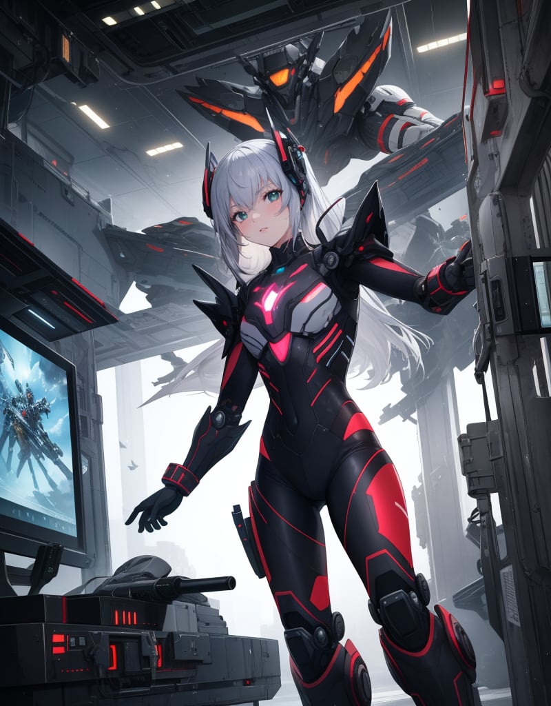 (masterpiece, top quality), high definition, artistic composition, 1 girl, anime, android style battle suit, white and red armor, green luminescence on body, holding future heavy weapons with both hands, futuristic, sci-fi, action pose, Turning sideways, spaceship dog, holographic monitor,(masterpiece),scenery