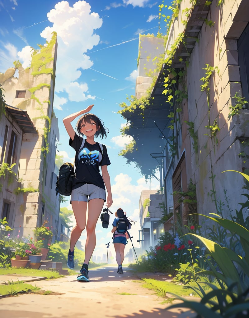 (masterpiece, top quality), high definition, artistic composition, 2 girls, walking, strolling, t-shirt, shorts, trekking shoes, backpack, smiling, looking away, talking, smiling, ruins, building area, crumbling and decaying structure, lots of plants, ivy covered, Blue sky, bold composition, looking back, summer, New York, big gesture, excited, from front