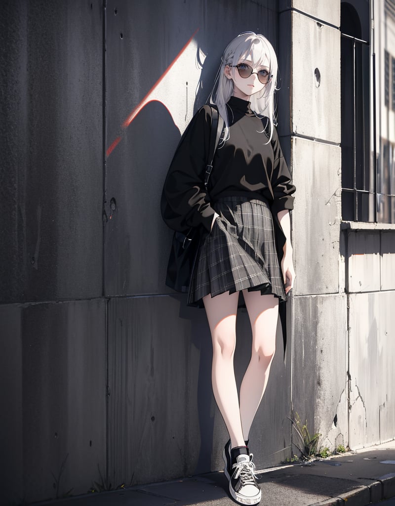 Masterpiece, Top Quality, High Definition, Artistic Composition, One girl, leaning against a wall, waiting for someone, looking away, looking down, smirking, round frame sunglasses, silver hair, black printed shirt, tricolor checkered skirt, black sneakers, casual, Portrait, monotone cityscape, French style, low saturation